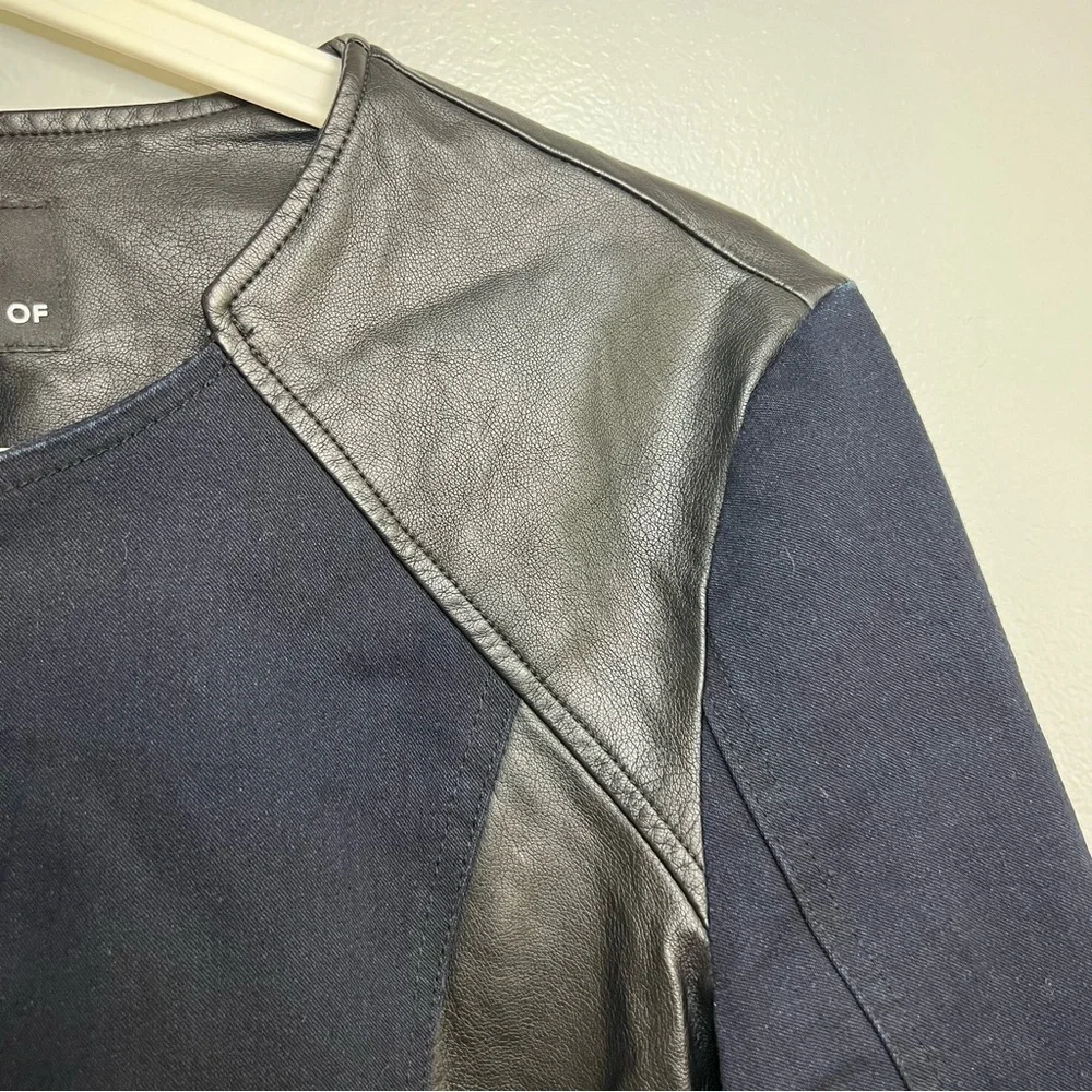 Kiind of Thalia faux leather two toned jacket Sz L Navy Black Cotton Chic City - Picture 3 of 14